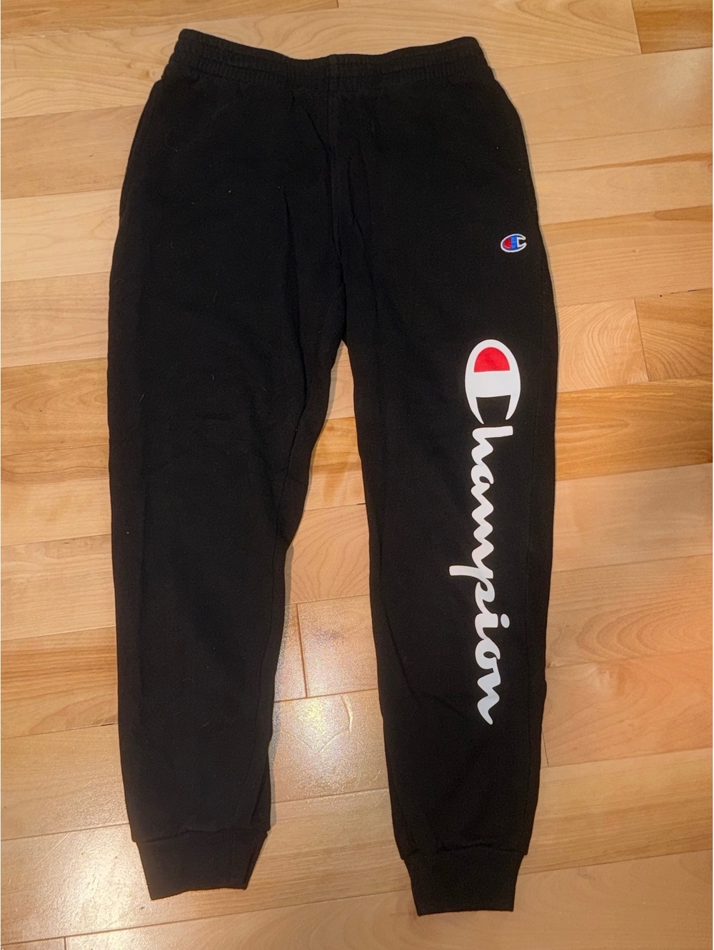 Champion Black Jogger Sweatpants with Bold Logo, Size M, Very Good Condition